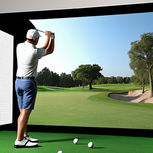Home 6 Golfer analyzing swing at screen golf, focus on ball speed and launch angle.