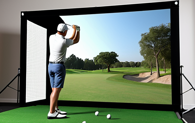 Golfer analyzing swing at screen golf, focus on ball speed and launch angle.