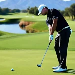 골프 웨지 선택과 사용법 - A professional male golfer in his late 30s, dressed in stylish golf attire, executing a precise shor...