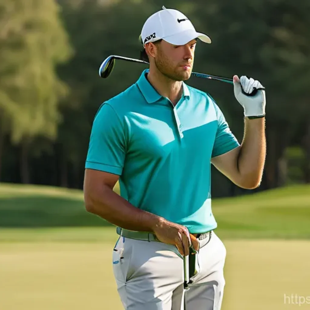 골프 레인저 파인더 추천 모델 - A focused male golfer in his 30s, wearing a neatly pressed polo shirt and golf cap, stands on a pris...