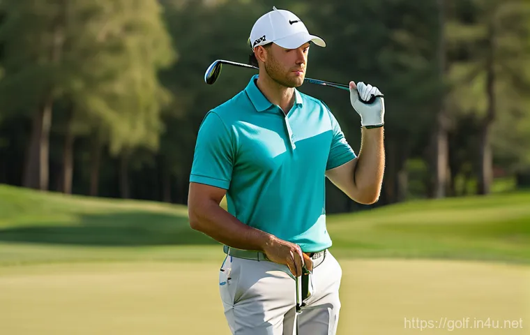 골프 레인저 파인더 추천 모델 - A focused male golfer in his 30s, wearing a neatly pressed polo shirt and golf cap, stands on a pris...