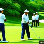 Home 19 골프 이벤트 및 대회 참여 방법 - A detailed scene of an amateur golf tournament on a sunny day at a lush outdoor golf course, diverse...