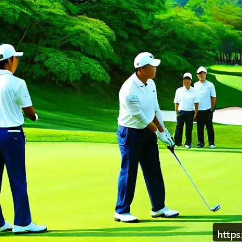 Home 13 골프 이벤트 및 대회 참여 방법 - A detailed scene of an amateur golf tournament on a sunny day at a lush outdoor golf course, diverse...