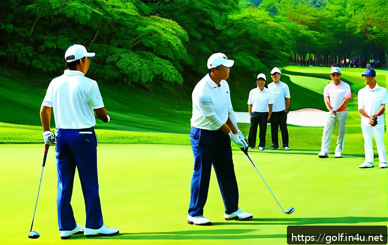 골프 이벤트 및 대회 참여 방법 - A detailed scene of an amateur golf tournament on a sunny day at a lush outdoor golf course, diverse...