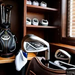 골프 마니아를 위한 고급 장비 추천 - Photorealistic luxury golf equipment flat lay in a refined private club locker room, premium forged ...