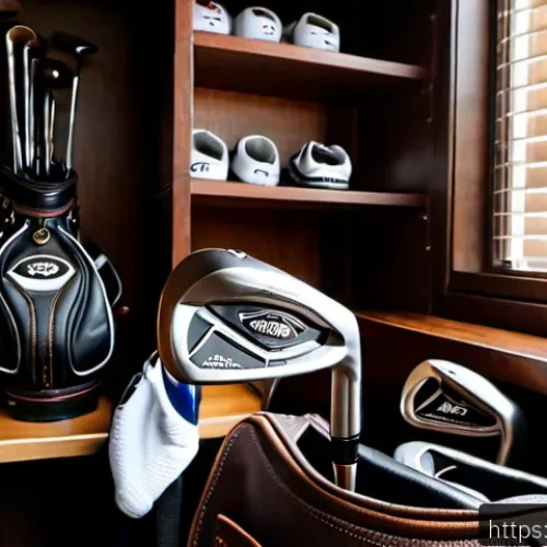 골프 마니아를 위한 고급 장비 추천 - Photorealistic luxury golf equipment flat lay in a refined private club locker room, premium forged ...
