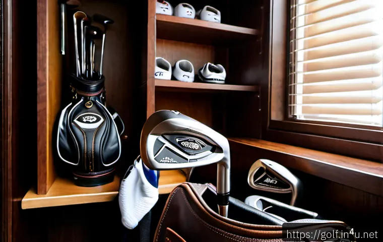 골프 마니아를 위한 고급 장비 추천 - Photorealistic luxury golf equipment flat lay in a refined private club locker room, premium forged ...