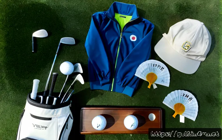 Home 17 골프 라운딩 준비물 체크리스트 - Photorealistic overhead flat lay of essential golf round preparation items neatly arranged on a clea...