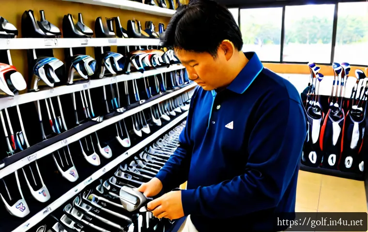 골프 중고 클럽 시장 트렌드 - Photorealistic used golf club marketplace interior, neatly organized rows of pre-owned drivers, iron...